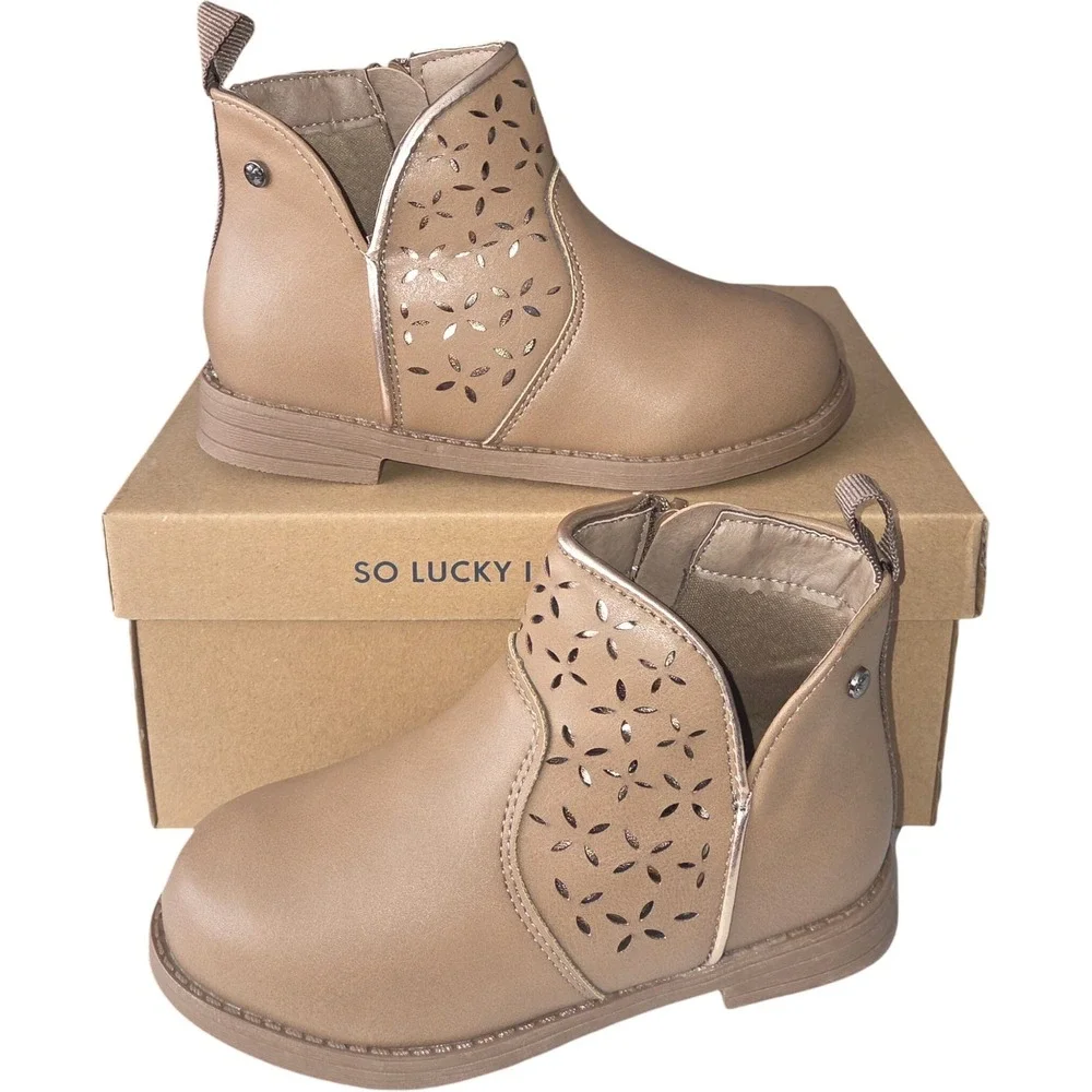 Lucky Brand Tan Floral Laser Cut Ankle Boots Tan Gold Trim Zipper Bootie Size 13